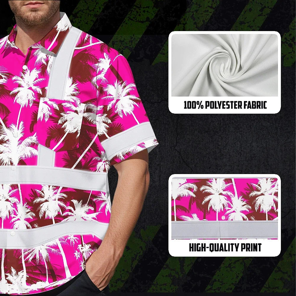 Hi Vis Hawaiian Shirt Reflective Tapes Pink Neon Flowers Custom Name Safety Workwear For Workers, Truckers, Operators