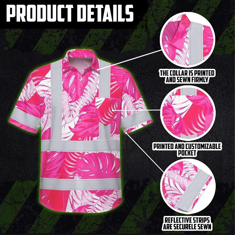 Hi Vis Hawaiian Shirt Reflective Tapes Pink Neon Flowers Custom Name Safety Workwear For Workers, Truckers, Operators