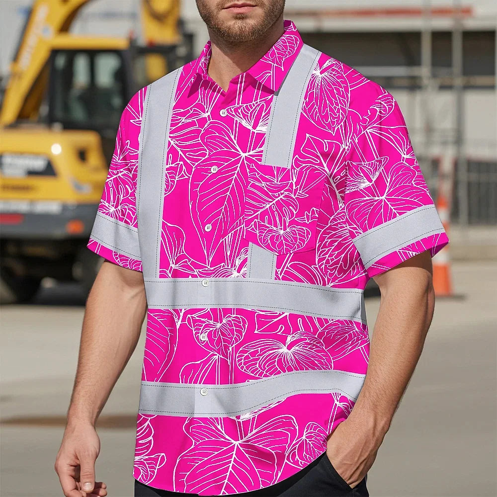 Hi Vis Hawaiian Shirt Reflective Tapes Pink Neon Flowers Custom Name Safety Workwear For Workers, Truckers, Operators