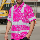Hi Vis Hawaiian Shirt Reflective Tapes Pink Neon Flowers Custom Name Safety Workwear For Workers, Truckers, Operators