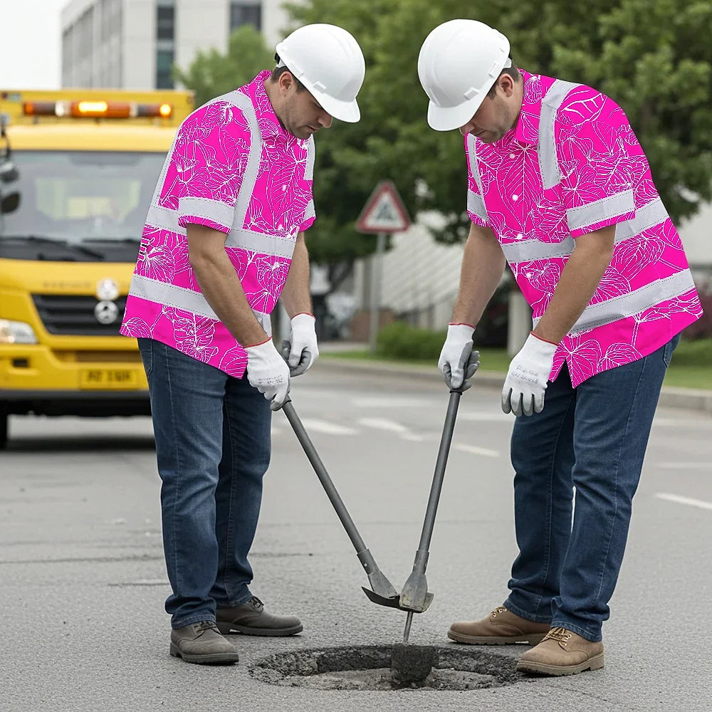 Hi Vis Hawaiian Shirt Reflective Tapes Pink Neon Flowers Custom Name Safety Workwear For Workers, Truckers, Operators