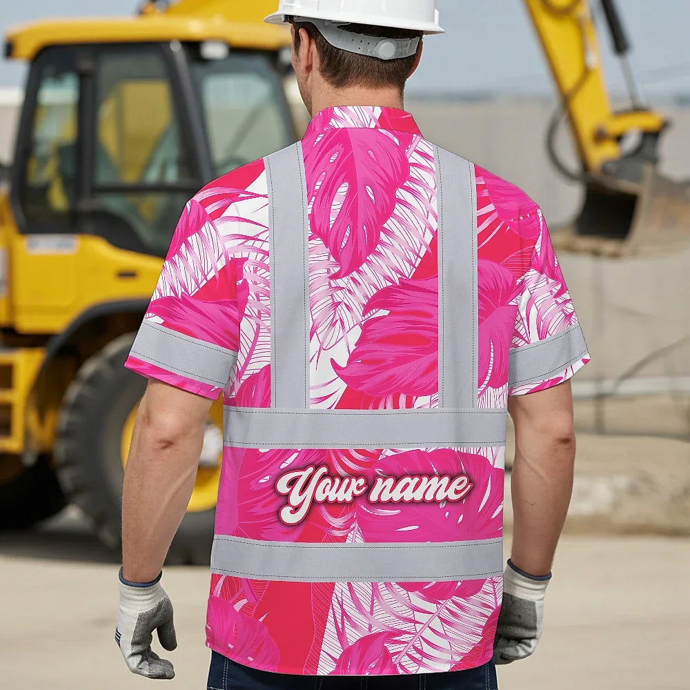Hi Vis Hawaiian Shirt Reflective Tapes Pink Neon Flowers Custom Name Safety Workwear For Workers, Truckers, Operators