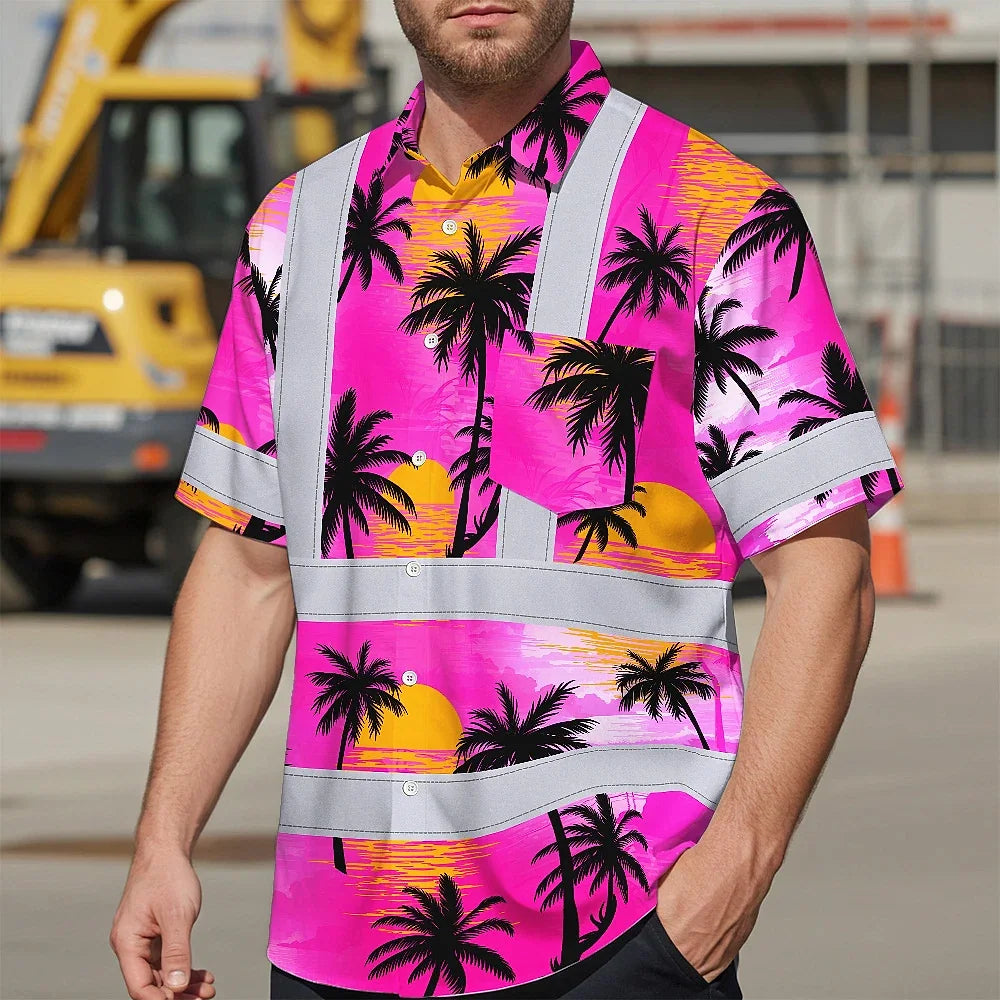 Hi Vis Hawaiian Shirt Reflective Tapes Pink Neon Flowers Custom Name Safety Workwear For Truckers, Operators