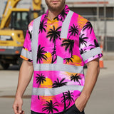 Hi Vis Hawaiian Shirt Reflective Tapes Pink Neon Flowers Custom Name Safety Workwear For Truckers, Operators