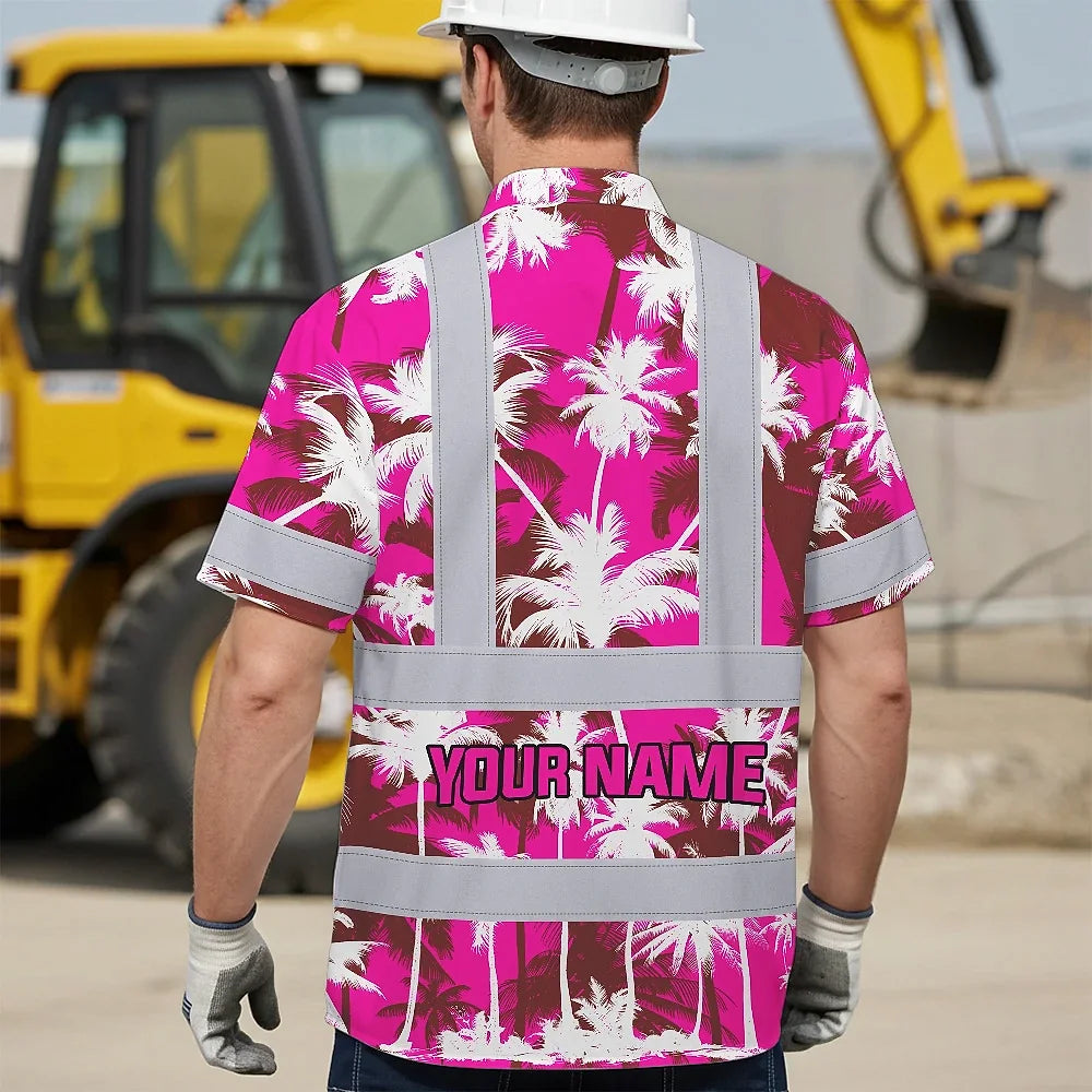 Hi Vis Hawaiian Shirt Reflective Tapes Pink Neon Flowers Custom Name Safety Workwear For Workers, Truckers, Operators