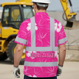 Hi Vis Hawaiian Shirt Reflective Tapes Pink Neon Flowers Custom Name Safety Workwear For Workers, Truckers, Operators