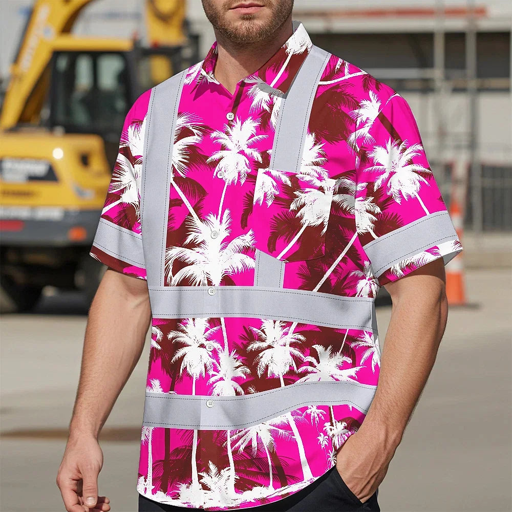 Hi Vis Hawaiian Shirt Reflective Tapes Pink Neon Flowers Custom Name Safety Workwear For Workers, Truckers, Operators