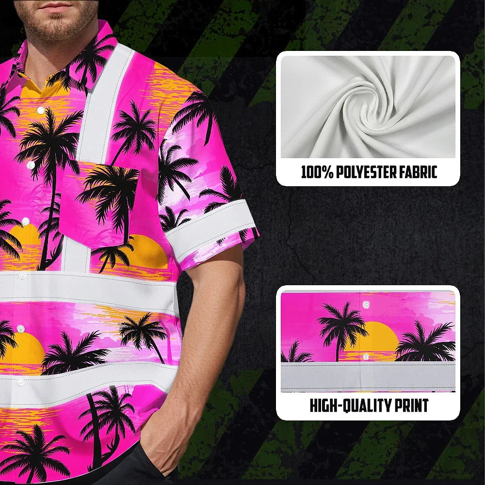 Hi Vis Hawaiian Shirt Reflective Tapes Pink Neon Flowers Custom Name Safety Workwear For Truckers, Operators