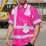 Hi Vis Hawaiian Shirt Reflective Tapes Pink Neon Flowers Custom Name Safety Workwear For Workers, Truckers, Operators