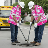 Hi Vis Hawaiian Shirt Reflective Tapes Pink Neon Flowers Custom Name Safety Workwear For Workers, Truckers, Operators