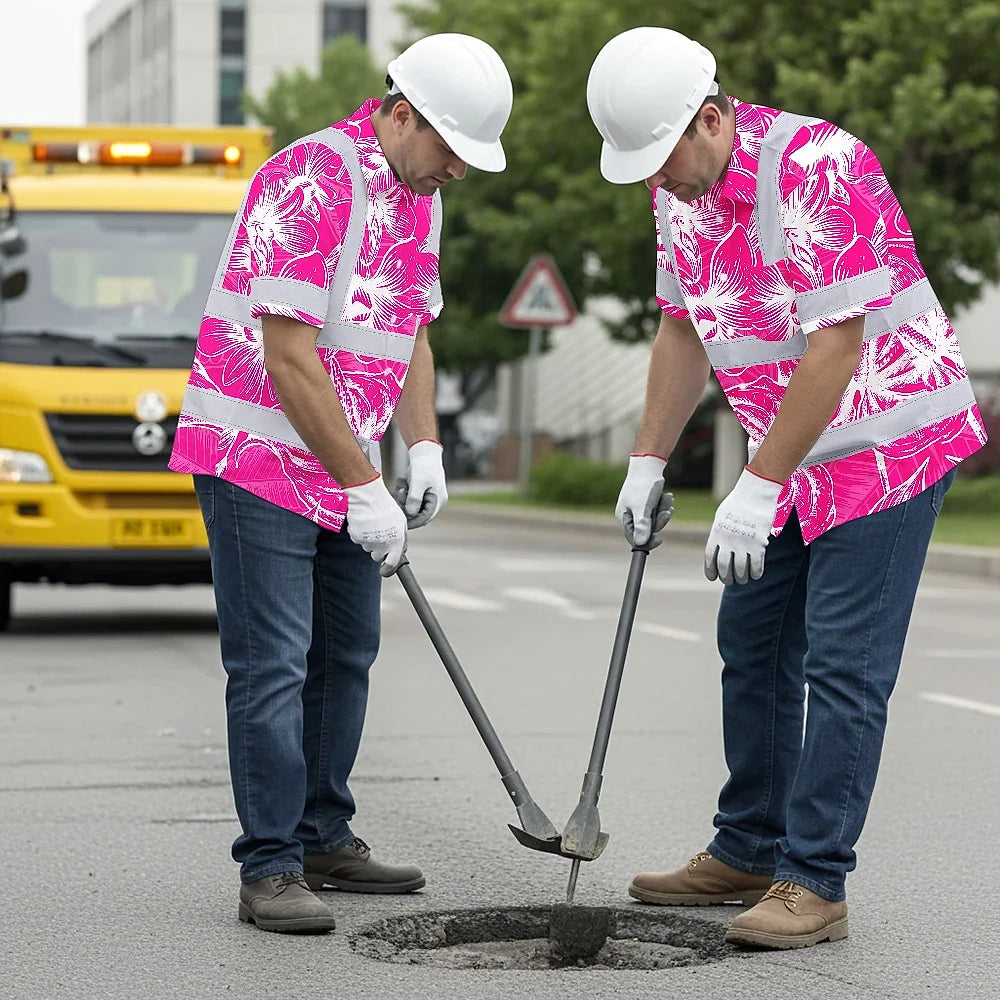Hi Vis Hawaiian Shirt Reflective Tapes Pink Neon Flowers Custom Name Safety Workwear For Workers, Truckers, Operators