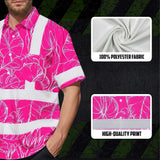 Hi Vis Hawaiian Shirt Reflective Tapes Pink Neon Flowers Custom Name Safety Workwear For Workers, Truckers, Operators