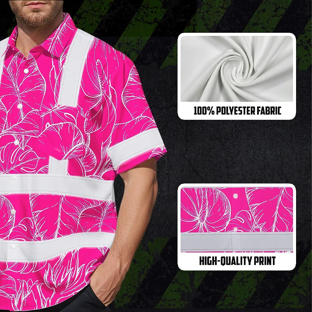 Hi Vis Hawaiian Shirt Reflective Tapes Pink Neon Flowers Custom Name Safety Workwear For Workers, Truckers, Operators