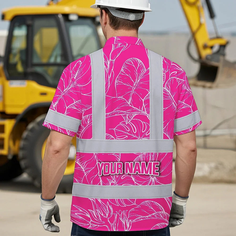 Hi Vis Hawaiian Shirt Reflective Tapes Pink Neon Flowers Custom Name Safety Workwear For Workers, Truckers, Operators