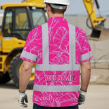 Hi Vis Hawaiian Shirt Reflective Tapes Pink Neon Flowers Custom Name Safety Workwear For Workers, Truckers, Operators