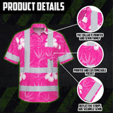 Hi Vis Hawaiian Shirt Reflective Tapes Pink Neon Flowers Custom Name Safety Workwear For Workers, Truckers, Operators