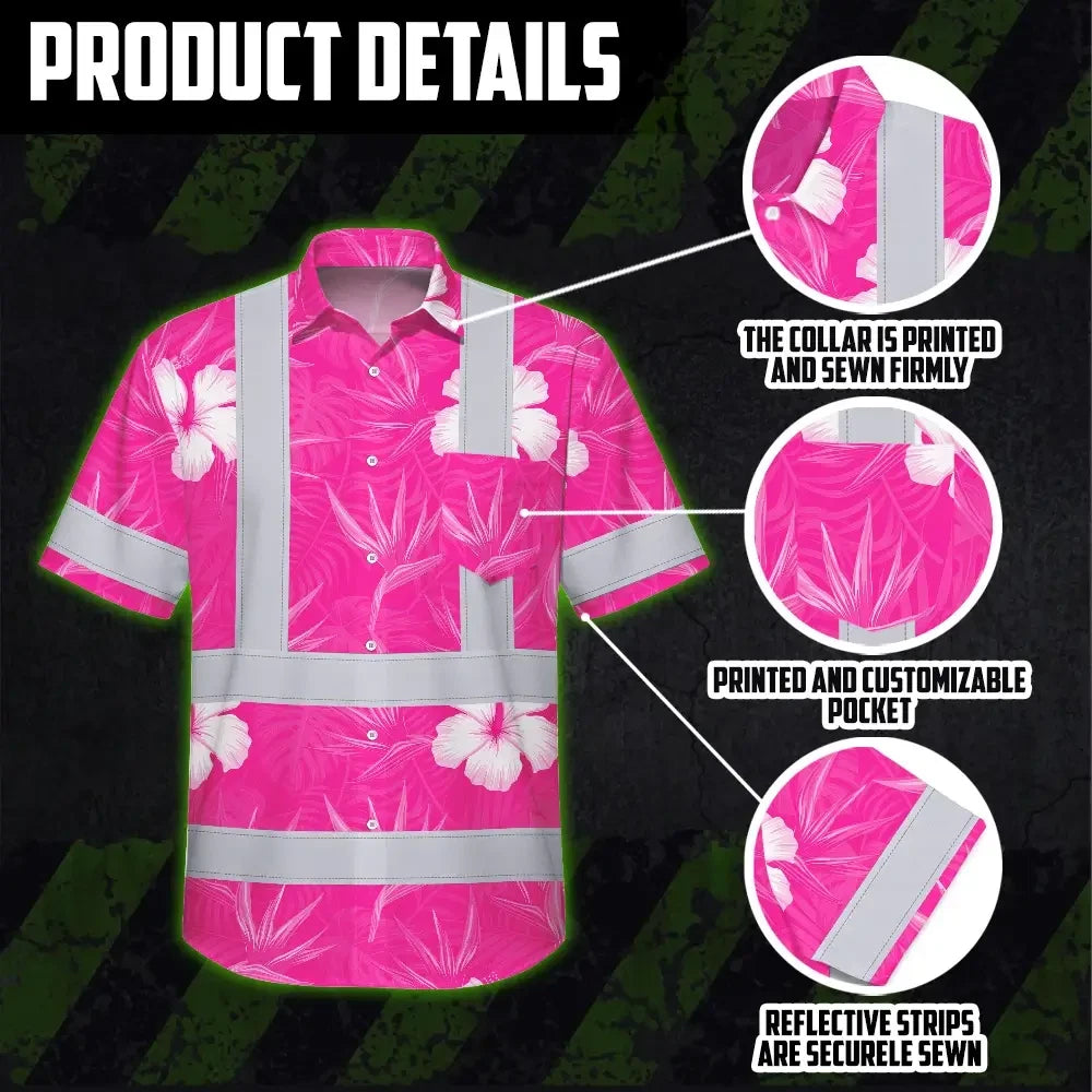 Hi Vis Hawaiian Shirt Reflective Tapes Pink Neon Flowers Custom Name Safety Workwear For Workers, Truckers, Operators