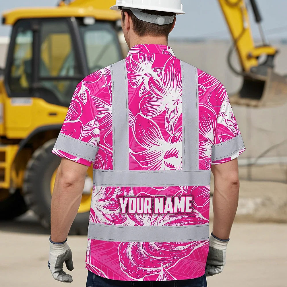 Hi Vis Hawaiian Shirt Reflective Tapes Pink Neon Flowers Custom Name Safety Workwear For Workers, Truckers, Operators