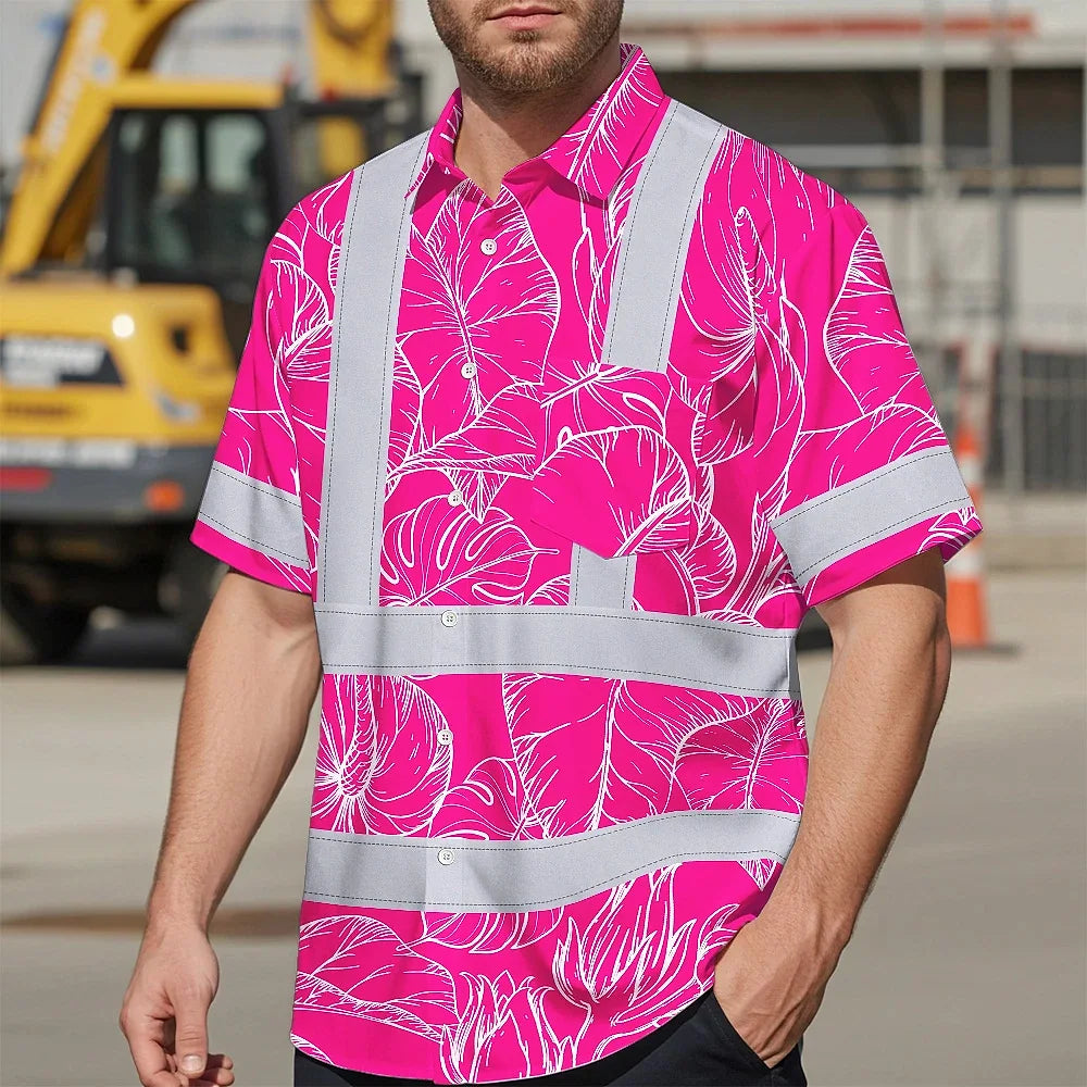 Hi Vis Hawaiian Shirt Reflective Tapes Pink Neon Flowers Custom Name Safety Workwear For Workers, Truckers, Operators