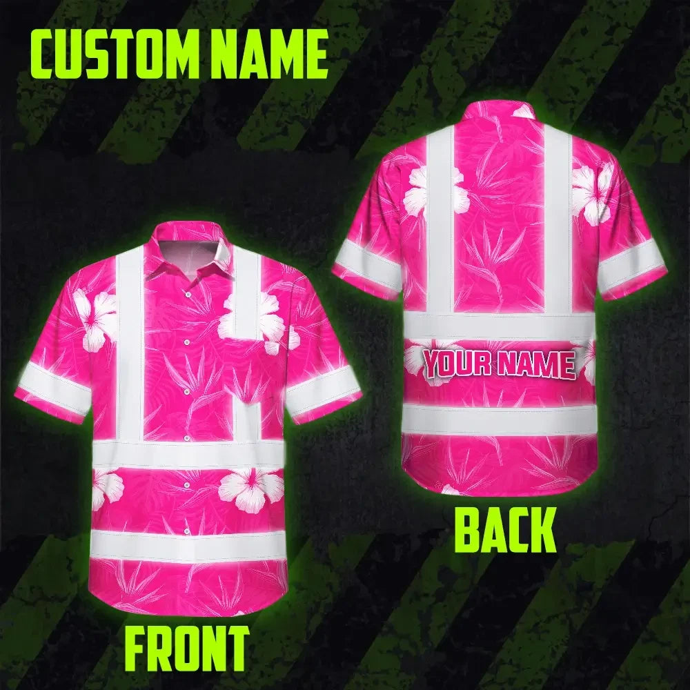 Hi Vis Hawaiian Shirt Reflective Tapes Pink Neon Flowers Custom Name Safety Workwear For Workers, Truckers, Operators