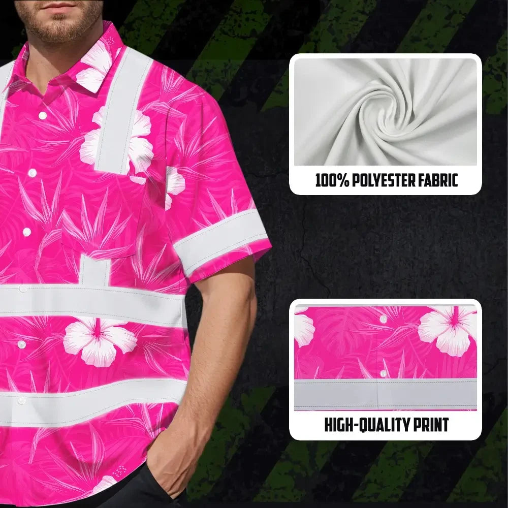 Hi Vis Hawaiian Shirt Reflective Tapes Pink Neon Flowers Custom Name Safety Workwear For Workers, Truckers, Operators