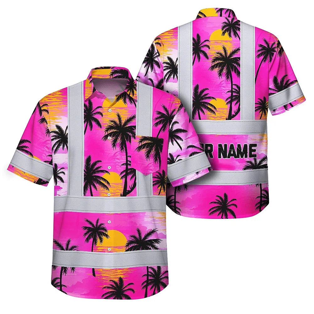 Hi Vis Hawaiian Shirt Reflective Tapes Pink Neon Flowers Custom Name Safety Workwear For Truckers, Operators
