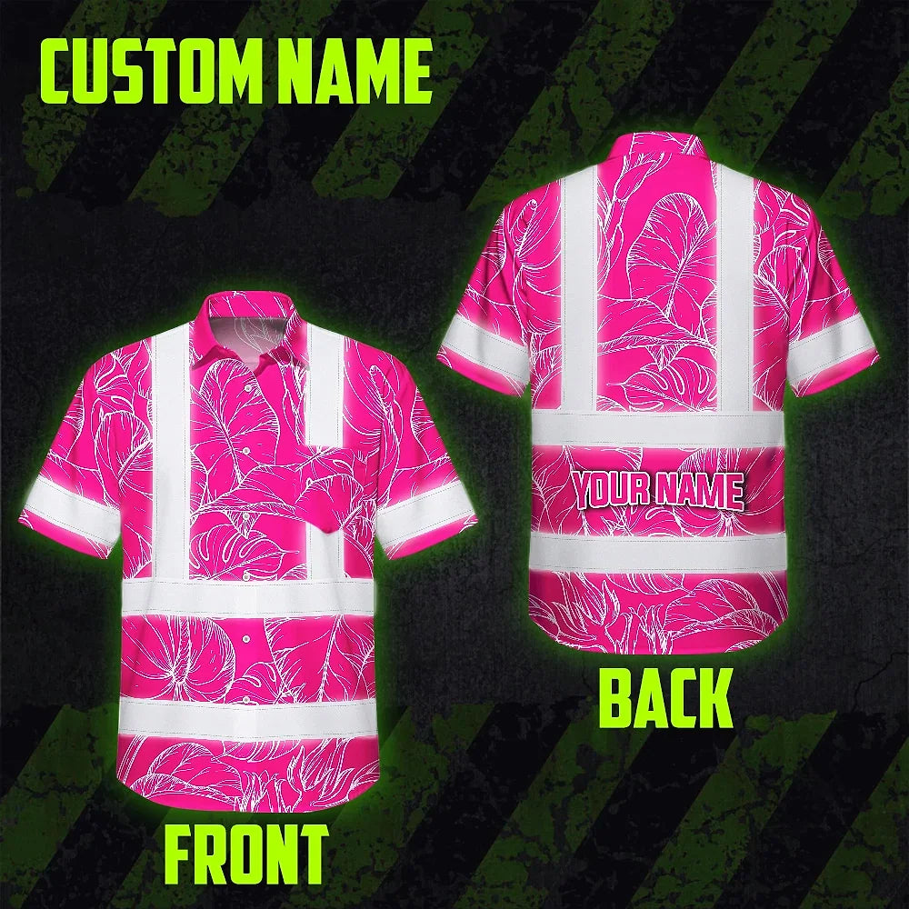 Hi Vis Hawaiian Shirt Reflective Tapes Pink Neon Flowers Custom Name Safety Workwear For Workers, Truckers, Operators