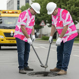 Hi Vis Hawaiian Shirt Reflective Tapes Pink Neon Flowers Custom Name Safety Workwear For Workers, Truckers, Operators