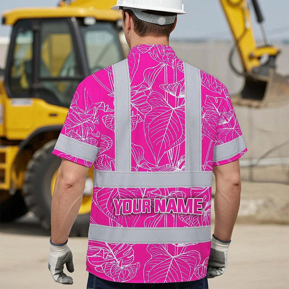 Hi Vis Hawaiian Shirt Reflective Tapes Pink Neon Flowers Custom Name Safety Workwear For Workers, Truckers, Operators