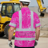 Hi Vis Hawaiian Shirt Reflective Tapes Pink Neon Flowers Custom Name Safety Workwear For Workers, Truckers, Operators