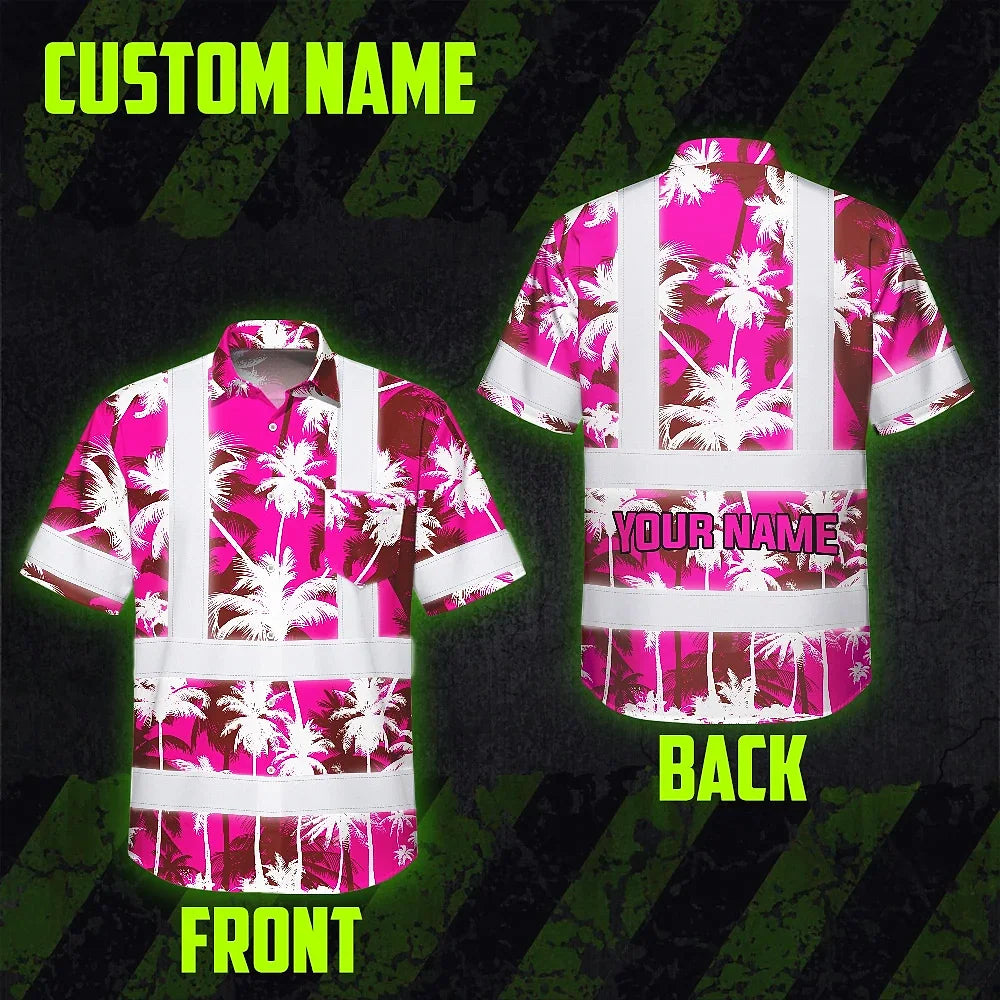 Hi Vis Hawaiian Shirt Reflective Tapes Pink Neon Flowers Custom Name Safety Workwear For Workers, Truckers, Operators
