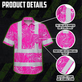 Hi Vis Hawaiian Shirt Reflective Tapes Pink Neon Flowers Custom Name Safety Workwear For Workers, Truckers, Operators