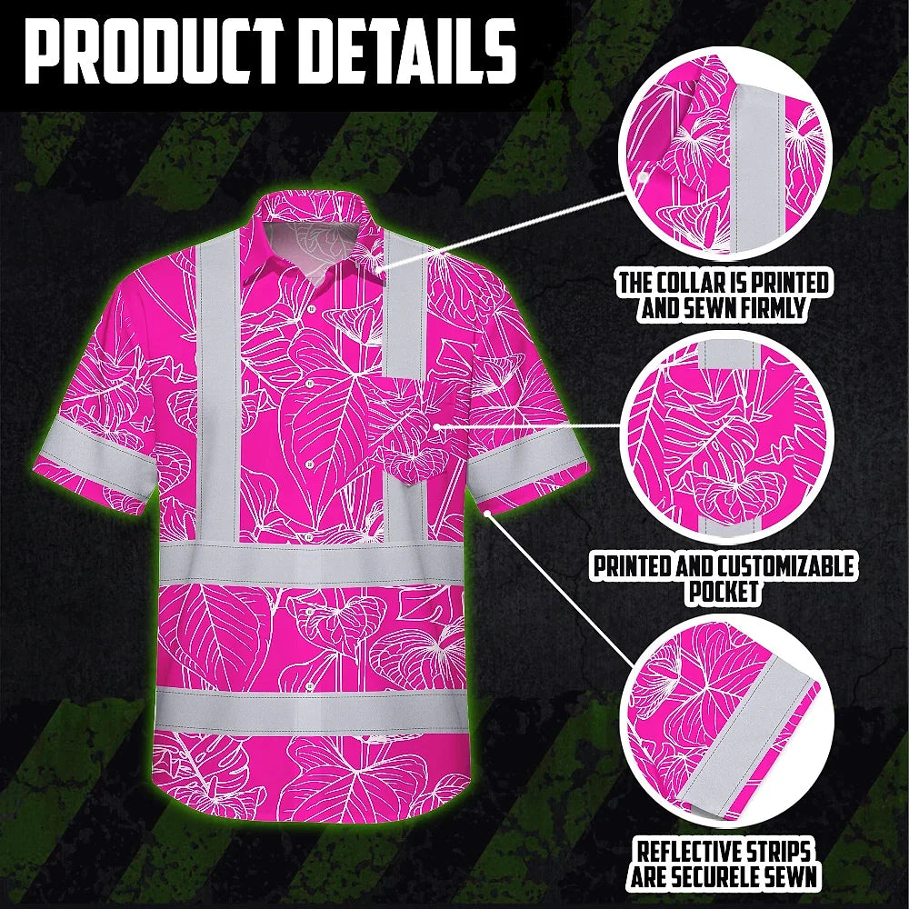 Hi Vis Hawaiian Shirt Reflective Tapes Pink Neon Flowers Custom Name Safety Workwear For Workers, Truckers, Operators