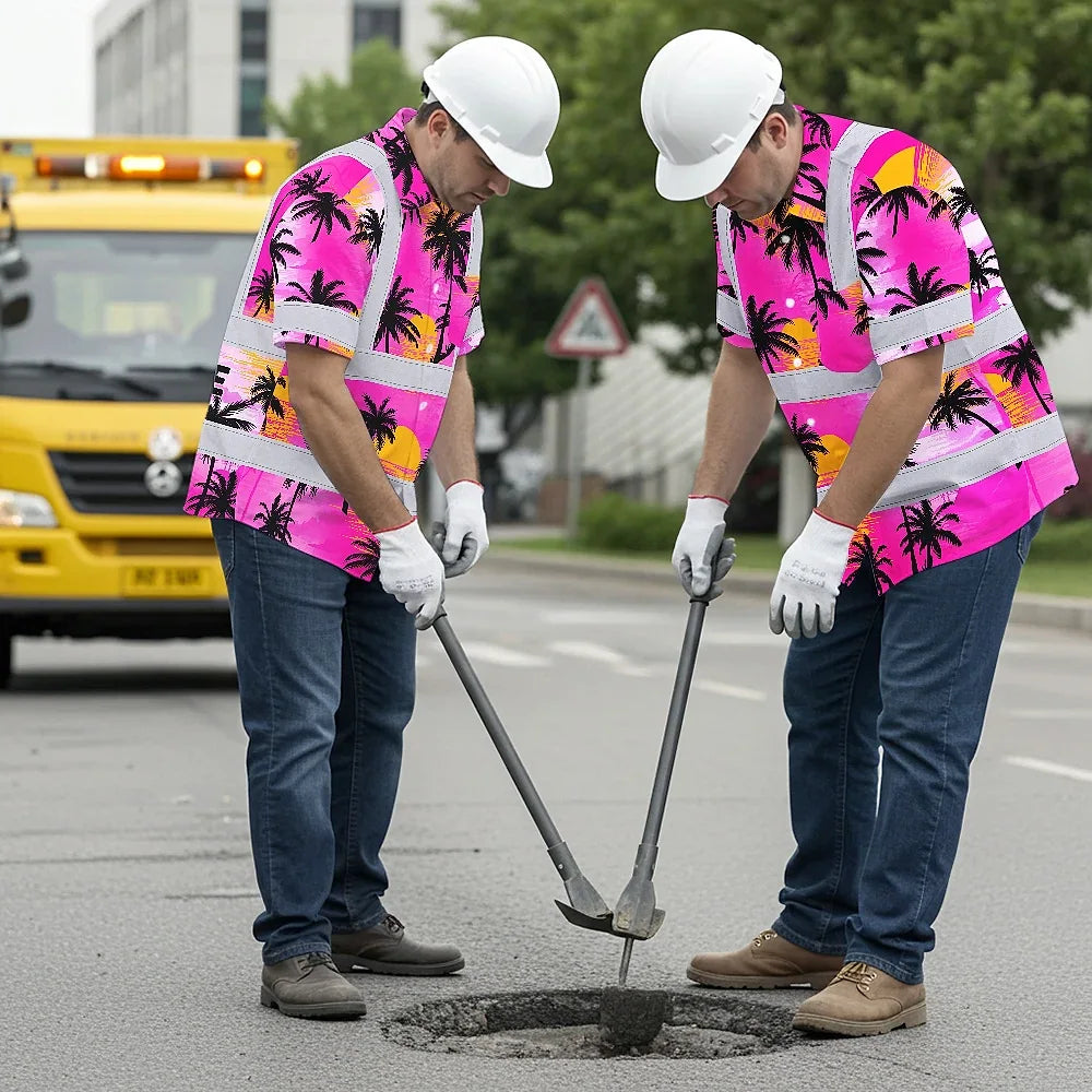 Hi Vis Hawaiian Shirt Reflective Tapes Pink Neon Flowers Custom Name Safety Workwear For Truckers, Operators