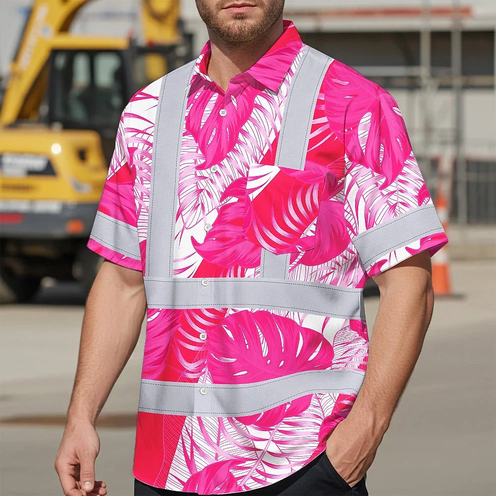 Hi Vis Hawaiian Shirt Reflective Tapes Pink Neon Flowers Custom Name Safety Workwear For Workers, Truckers, Operators