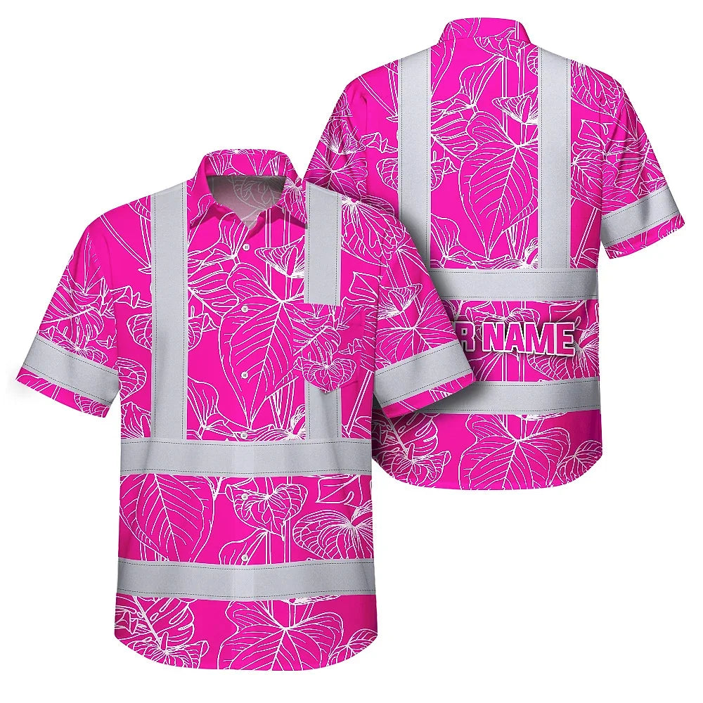 Hi Vis Hawaiian Shirt Reflective Tapes Pink Neon Flowers Custom Name Safety Workwear For Workers, Truckers, Operators