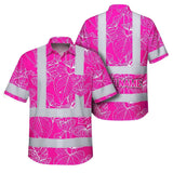 Hi Vis Hawaiian Shirt Reflective Tapes Pink Neon Flowers Custom Name Safety Workwear For Workers, Truckers, Operators