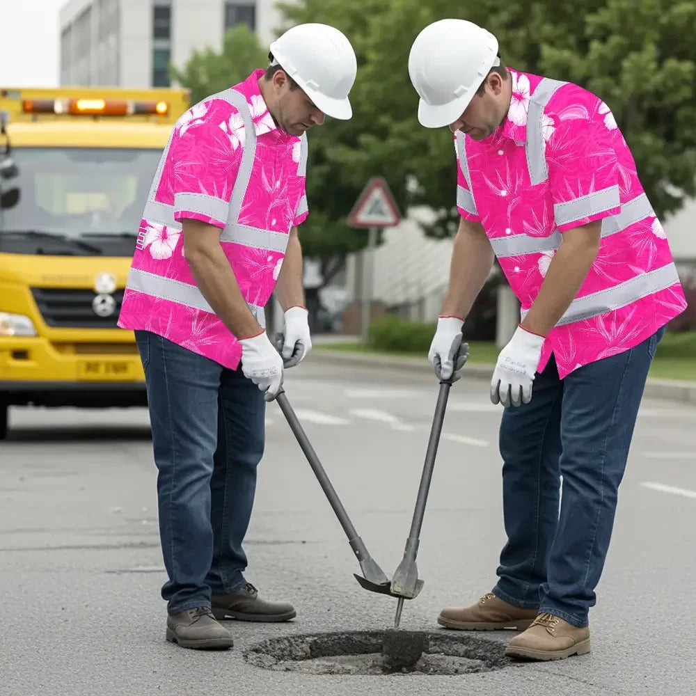 Hi Vis Hawaiian Shirt Reflective Tapes Pink Neon Flowers Custom Name Safety Workwear For Workers, Truckers, Operators