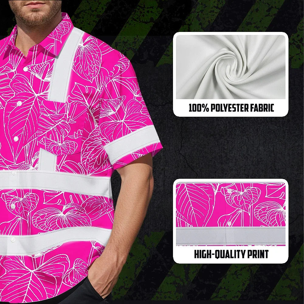 Hi Vis Hawaiian Shirt Reflective Tapes Pink Neon Flowers Custom Name Safety Workwear For Workers, Truckers, Operators