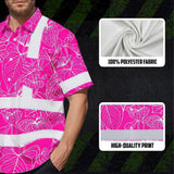 Hi Vis Hawaiian Shirt Reflective Tapes Pink Neon Flowers Custom Name Safety Workwear For Workers, Truckers, Operators