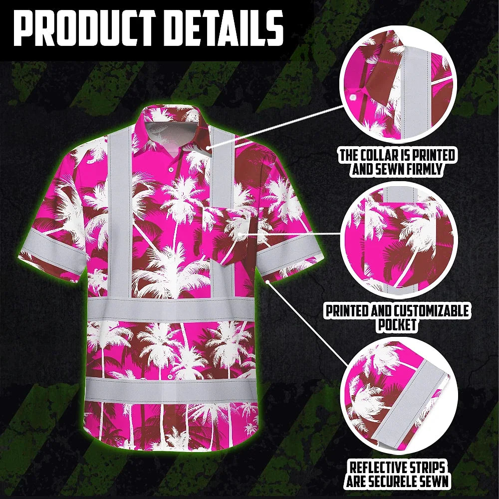 Hi Vis Hawaiian Shirt Reflective Tapes Pink Neon Flowers Custom Name Safety Workwear For Workers, Truckers, Operators