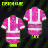 Hi Vis Hawaiian Shirt Reflective Tapes Pink Neon Flowers Custom Name Safety Workwear For Workers, Truckers, Operators