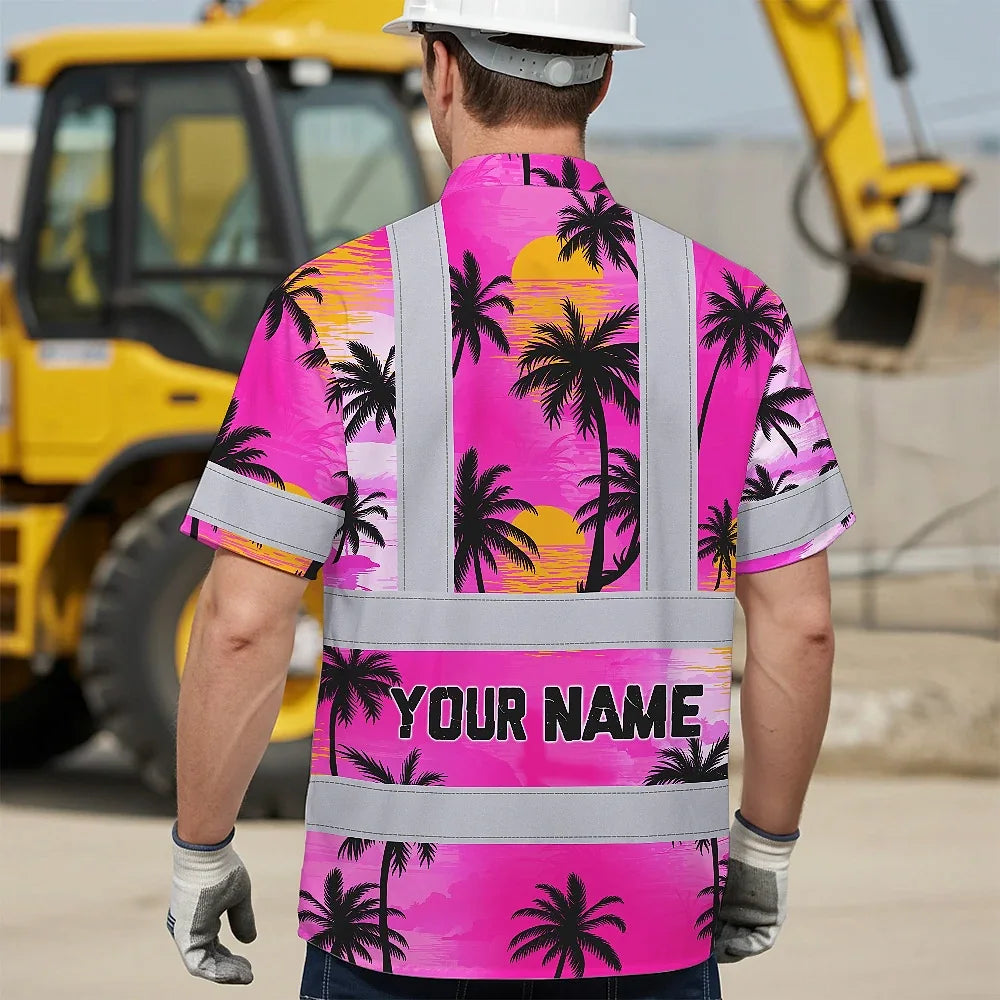 Hi Vis Hawaiian Shirt Reflective Tapes Pink Neon Flowers Custom Name Safety Workwear For Truckers, Operators
