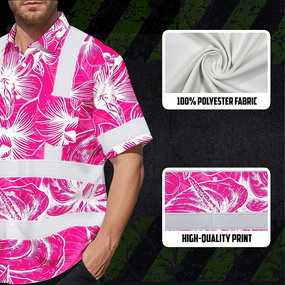 Hi Vis Hawaiian Shirt Reflective Tapes Pink Neon Flowers Custom Name Safety Workwear For Workers, Truckers, Operators