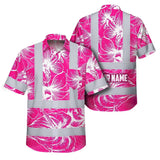 Hi Vis Hawaiian Shirt Reflective Tapes Pink Neon Flowers Custom Name Safety Workwear For Workers, Truckers, Operators