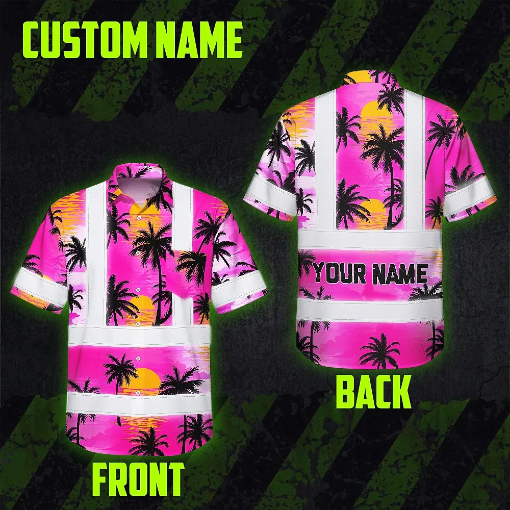 Hi Vis Hawaiian Shirt Reflective Tapes Pink Neon Flowers Custom Name Safety Workwear For Truckers, Operators