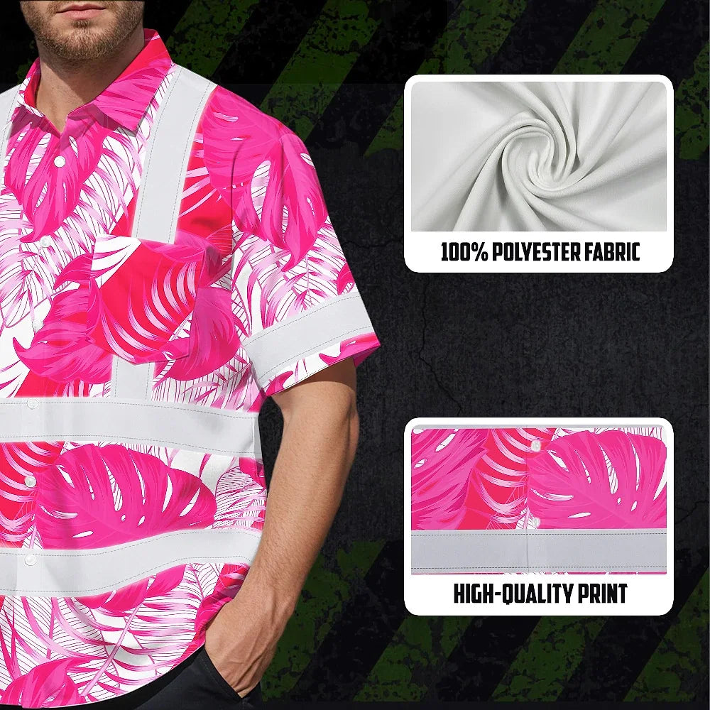 Hi Vis Hawaiian Shirt Reflective Tapes Pink Neon Flowers Custom Name Safety Workwear For Workers, Truckers, Operators