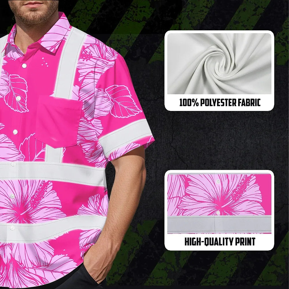Hi Vis Hawaiian Shirt Reflective Tapes Pink Neon Hibiscus Custom Name Safety Workwear For Workers, Truckers, Operators