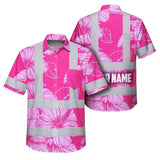 Hi Vis Hawaiian Shirt Reflective Tapes Pink Neon Hibiscus Custom Name Safety Workwear For Workers, Truckers, Operators