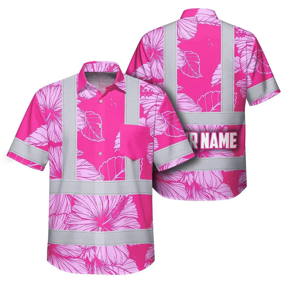 Hi Vis Hawaiian Shirt Reflective Tapes Pink Neon Hibiscus Custom Name Safety Workwear For Workers, Truckers, Operators